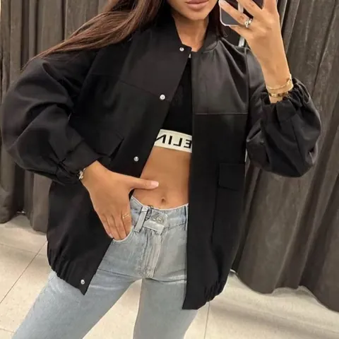 Women's Loose Bomber Jacket Urban Casual Utility Jacket 100% Polyester Stand Collar Solid Color Outerwear With Large Pockets