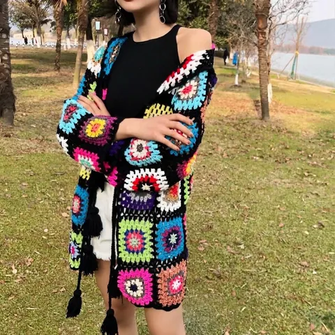 Bohemian Handgemachte Häkeljacke Vintage Mehrfarbig Granny Square Kapuzenpullover Strickjacke Mit Quasten Für Damen
