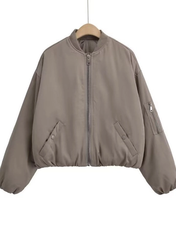 Chaqueta Bomber para Mujer Y2K Color Sólido Suelta Cuello Alto Borde Acanalado Cremallera Ropa de Abrigo Casual Abrigo Con Bolsillos