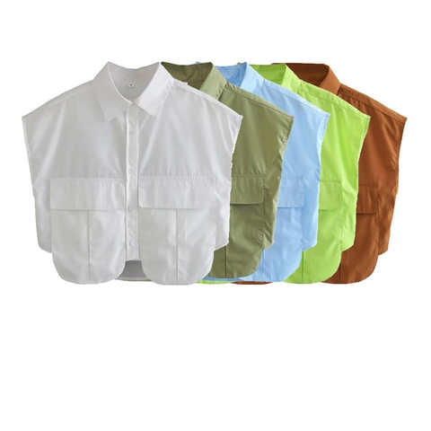 Women Sleeveless Crop Shirt Lapel Loose Casual Button Down Cargo Vest Top With Pockets Solid Color Summer Y2K Streetwear