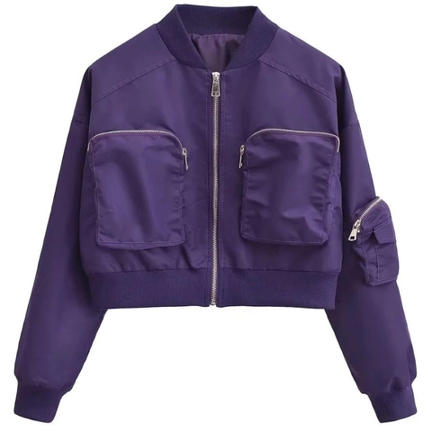 Giacca Bomber Corta da Donna Y2K Streetwear Capispalla Con Tasche Multiple Cerniera Manica Lunga Collo in Piedi Giacca alla Moda