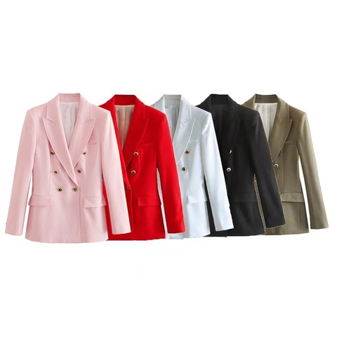 Dames Slim Fit Double Breasted Blazerjas Met Gouden Knoppen Reverskraag Effen Kleur Werkkleding Kantoor Casual Bovenkleding