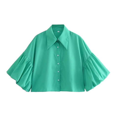Women Striped Lantern Sleeve Short Shirt Printed Loose Casual Polyester Top With Shirt Collar Vintage Streetwear Fashion Blouse