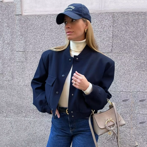 Giacca Bomber Donna Tinta Unita Casual Collo Rialzato Bottoni a Pressione Corta Con Tasche Moda Y2K Streetwear Cappotto