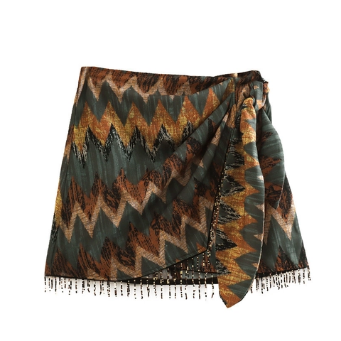 Bohemian High Waist Printed Mini Skirt For Women Vintage Wrap Skirts With Bead Fringe Y2K Ethic Style Bottoms
