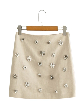 Damen Y2K Perlen Blume Strass A-Linie Minirock Vintage Hohe Taille Beige Polyester Party Kurzrock