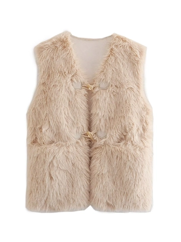 Women Y2K Faux Fur Vest With Toggle Button Warm Sleeveless Waistcoat Jacket Streetwear Fashion Solid Color Apricot Outwear