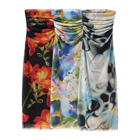 Vestido Palabra de Honor Fruncido Sexy Y2K para Mujer Verano Vintage Estampado Floral Malla Midi Ajustado Fiesta Ropa de Club