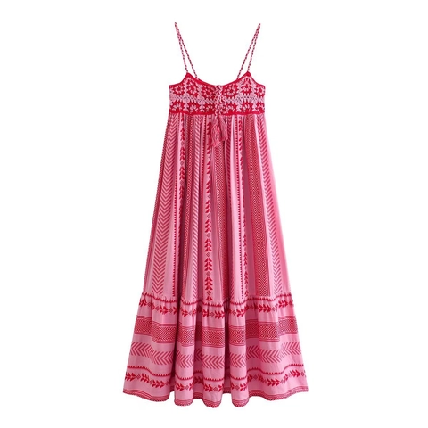 Robe Maxi Bohème en Patchwork au Crochet pour Femmes Imprimé Ethnique Robe à Bretelles pour Vacances d'Été Plage Jupe Longue
