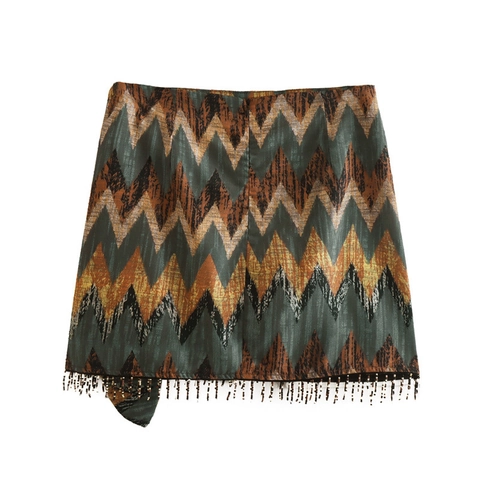 Bohemian High Waist Printed Mini Skirt For Women Vintage Wrap Skirts With Bead Fringe Y2K Ethic Style Bottoms