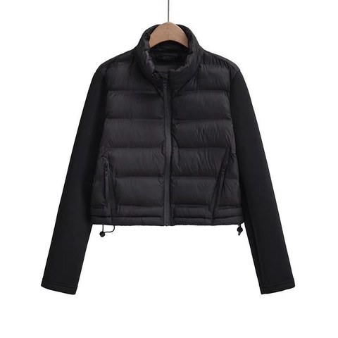 Women's Y2K Puffer Jacket Spliced Long Sleeve Stand Collar Quilted Warm Padded Coat Zipper Pockets Drawstring Hem Outerwear