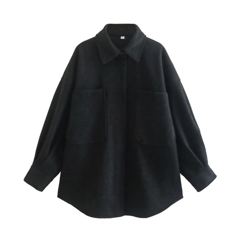 Damen Oversize Wolloptik Shacket Hemdjacke Revers Einreihig Langarm Einfarbig Warme Lockere Jacke Mit Taschen
