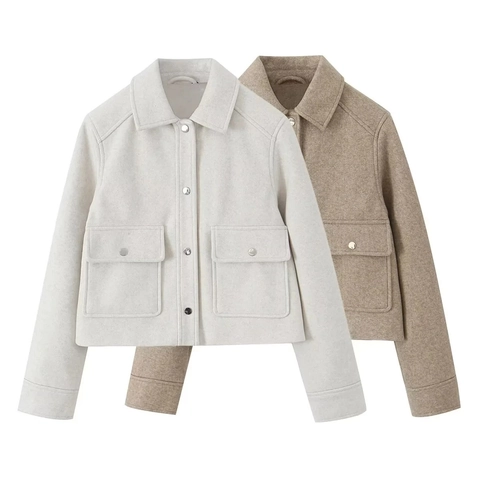 Chaqueta Corta de Tweed de Moda Y2K para Mujer Abrigo Color Sólido Solapa Botonadura Sencilla Manga Larga Casual