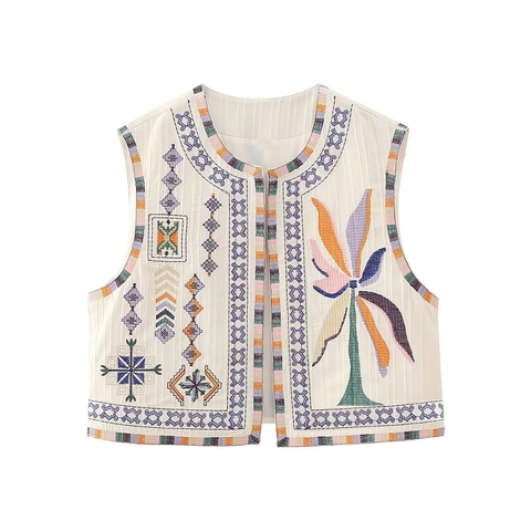 Damen Ethno Stickerei Weste Boho Palme Y2K Ärmelloses Oberteil Offene Vorderseite Strukturierte Lässige Sommer Mode