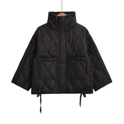 Women's Y2K Quilted Puffer Jacket High Neck Loose Long Sleeve Coat Casual Pocket Drawstring Windproof Outerwear