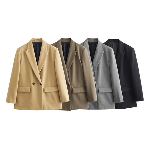 Dames Casual Double-breasted Blazer Reverskraag Lange Mouwen Effen Kleur Pak Jas Met Zakken Voor Kantoor Lady Streetwear