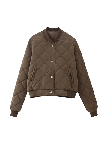Chaqueta Bomber Acolchada de Moda Y2K Para Mujer Color Sólido Patrón de Rombos Prenda de Abrigo Corta Con Botones de Presión