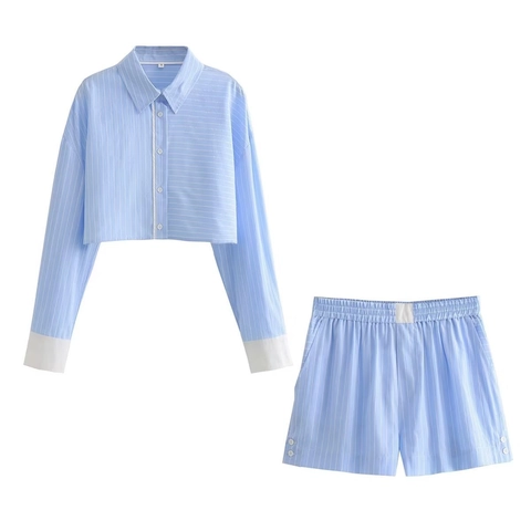 Γυναικείο Σετ Ριγέ Πουκάμισο Και Σορτς Polyester Patchwork Crop Top Casual Καλοκαιρινό Streetwear Μπλε Λευκό Outfit