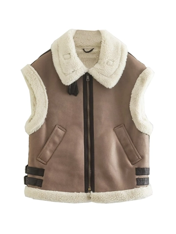 Women Retro Faux Shearling Vest Suede Lamb Wool Thickened Sleeveless Jacket Loose Zipper Winter Outercoat With Lapel Pockets