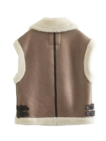 Women Retro Faux Shearling Vest Suede Lamb Wool Thickened Sleeveless Jacket Loose Zipper Winter Outercoat With Lapel Pockets