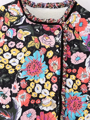 Chaqueta Acolchada con Estampado Floral Vintage para Mujer Forro de Sherpa Abotonadura Simple Volantes Manga Larga Cuello Redondo Abrigo
