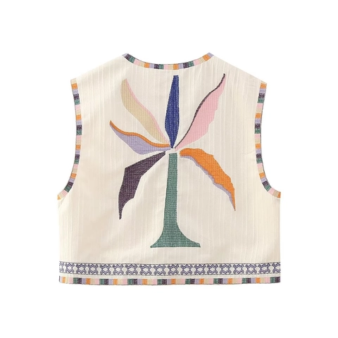 Damen Ethno Stickerei Weste Boho Palme Y2K Ärmelloses Oberteil Offene Vorderseite Strukturierte Lässige Sommer Mode