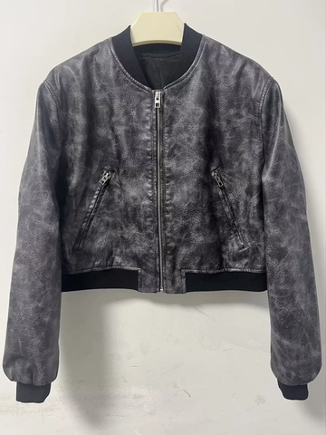Dames Y2K Vintage Verweerd PU-leer Bomberjack Staande Kraag Rits Kort Bikerjack Retro Streetwear Bovenkleding