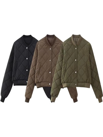 Chaqueta Bomber Acolchada de Moda Y2K Para Mujer Color Sólido Patrón de Rombos Prenda de Abrigo Corta Con Botones de Presión