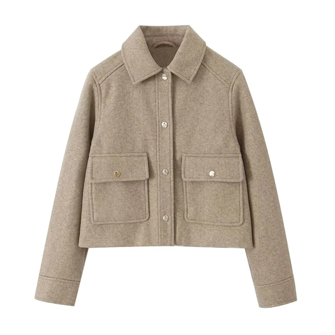 Chaqueta Corta de Tweed de Moda Y2K para Mujer Abrigo Color Sólido Solapa Botonadura Sencilla Manga Larga Casual