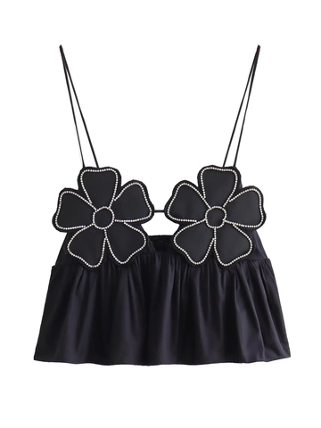 Top Court Sexy Dos Nu à Fleurs Y2K pour Femmes Camisole à Bretelles Spaghetti en Strass Froncé Peplum Noir Gilet Mode Fête