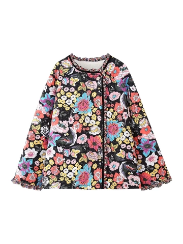 Chaqueta Acolchada con Estampado Floral Vintage para Mujer Forro de Sherpa Abotonadura Simple Volantes Manga Larga Cuello Redondo Abrigo