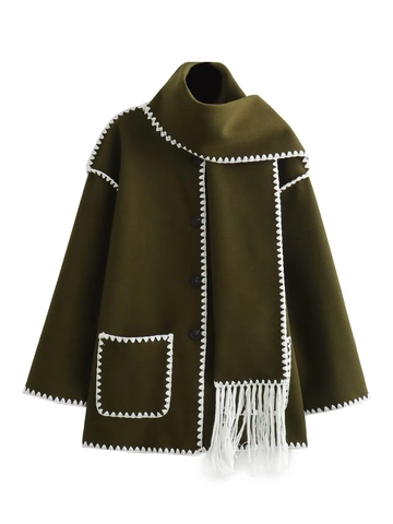 Women's Scarf Collar Woolen Jacket Contrast Stitching Tassel Scarf Coat Loose Outerwear Casual Single Breasted Outerwear