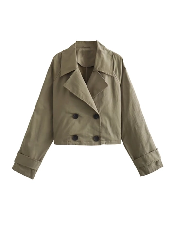 Dames Korte Double-Breasted Trenchcoat Slim Fit Revers Jas Met Manchetbanden Effen Kleur Lange Mouw Raglanmouw Bovenkleding