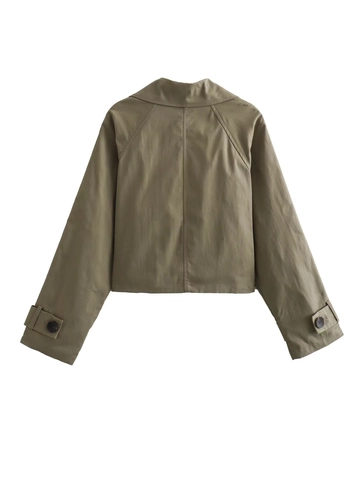 Dames Korte Double-Breasted Trenchcoat Slim Fit Revers Jas Met Manchetbanden Effen Kleur Lange Mouw Raglanmouw Bovenkleding