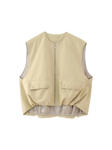 Dames Casual Y2K Vest Met Rits Losse Mouwloze Jas Met Zakken Trekkoord Zoom Licht Khaki Polyester Top