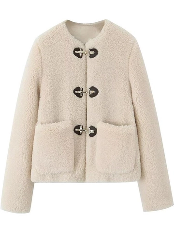 Women's Y2K Faux Fur Fleece Jacket Round Neck Single Breasted Short Coat With Pockets Solid Cream Long Sleeve Warm Outerwear