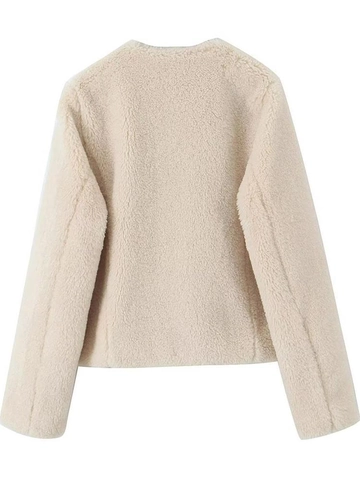Women's Y2K Faux Fur Fleece Jacket Round Neck Single Breasted Short Coat With Pockets Solid Cream Long Sleeve Warm Outerwear