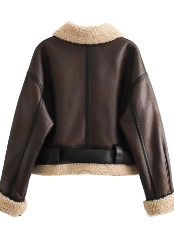 Women Vintage Y2K Moto Shearling Jacket Faux Leather Sherpa Lined Aviator Coat Warm Brown Beige Short Outerwear With Belt