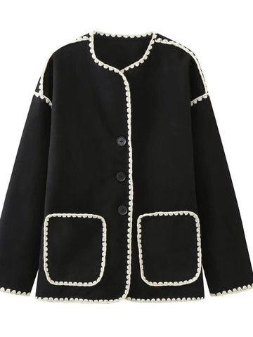 Cappotto di Lana Nero Elegante Vintage da Donna E Sciarpa con Finiture a Contrasto Smerlate Girocollo Bottoni Giacca Invernale