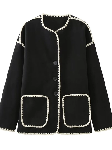 Cappotto di Lana Nero Elegante Vintage da Donna E Sciarpa con Finiture a Contrasto Smerlate Girocollo Bottoni Giacca Invernale