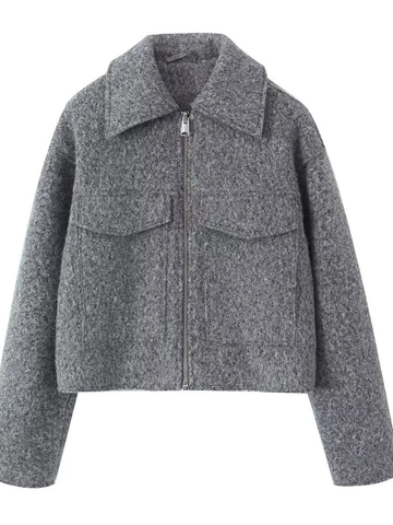 Damen Vintage Grau Bouclé Tweed Kurzjacke Elegant Revers Langarm Reißverschluss Oberbekleidung Mit Taschen Casual Mode Mantel