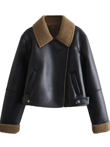 Damen Y2K Kunstleder Motorradjacke Braun Faux Lammfell Besatz Biker Mantel Vintage Schwarz PU Leder Warme Oberbekleidung
