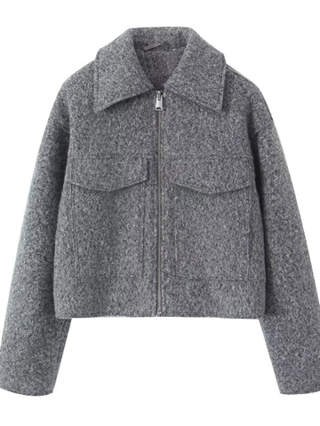 Damen Vintage Grau Bouclé Tweed Kurzjacke Elegant Revers Langarm Reißverschluss Oberbekleidung Mit Taschen Casual Mode Mantel