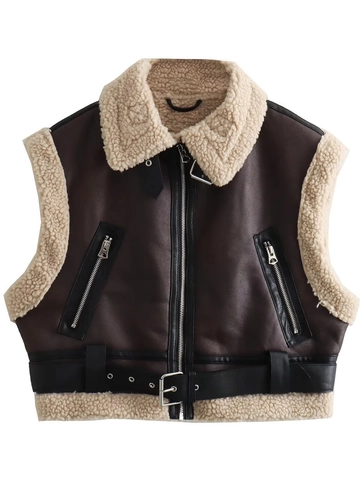 Damen Y2K Kunstleder Moto Weste Fleece Gefüttert Lammfell-Imitat Ärmellose Jacke Mit Gürtel Herbst Streetwear Fashion Outwear