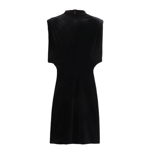 Vestido Midi de Terciopelo Sin Mangas Y2K para Mujer Corte Ajustado Cuello Alto Hombro Estructurado Cremallera Trasera Color Sólido Streetwear Vestido de Fiesta