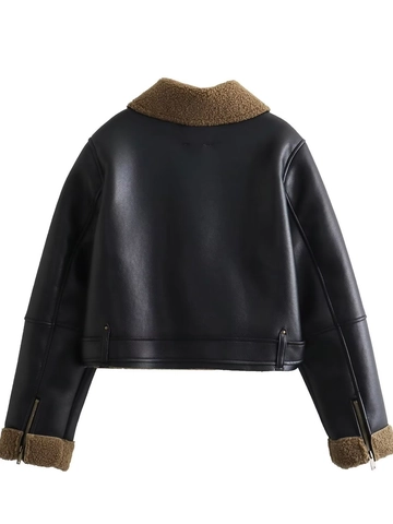 Damen Y2K Kunstleder Motorradjacke Braun Faux Lammfell Besatz Biker Mantel Vintage Schwarz PU Leder Warme Oberbekleidung