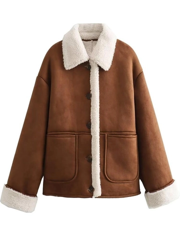 Women Vintage Faux Suede Sherpa Lined Jacket Lapel Single Breasted Warm Coat With Pockets Brown White Outerwear Streetwear