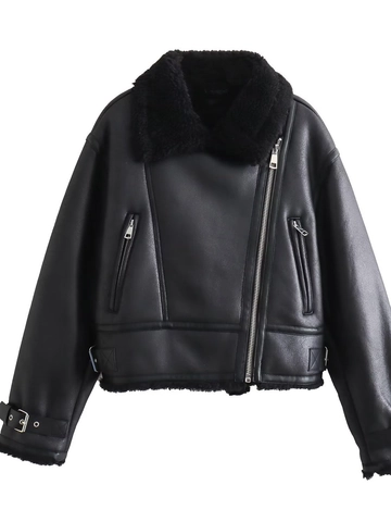 Women Faux Leather Fur Integrated Jacket Lapel Long Sleeve Loose Streetwear Autumn Winter Warm Thick Jacket Outerwear