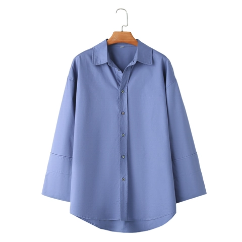 Women Casual Oversized Cotton Twill Shirt Y2K Streetwear Long Sleeve Drop Shoulder Lapel Button Up Blouse Blue Top