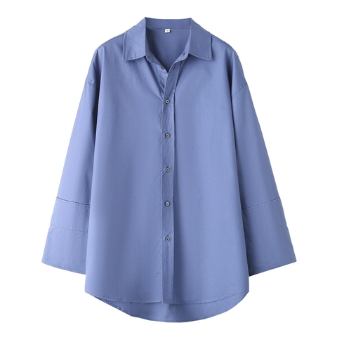 Women Oversized Blue Cotton Poplin Blouse Y2K Long Sleeve Lapel Shirt Loose Fit Casual Streetwear Fall Winter Top